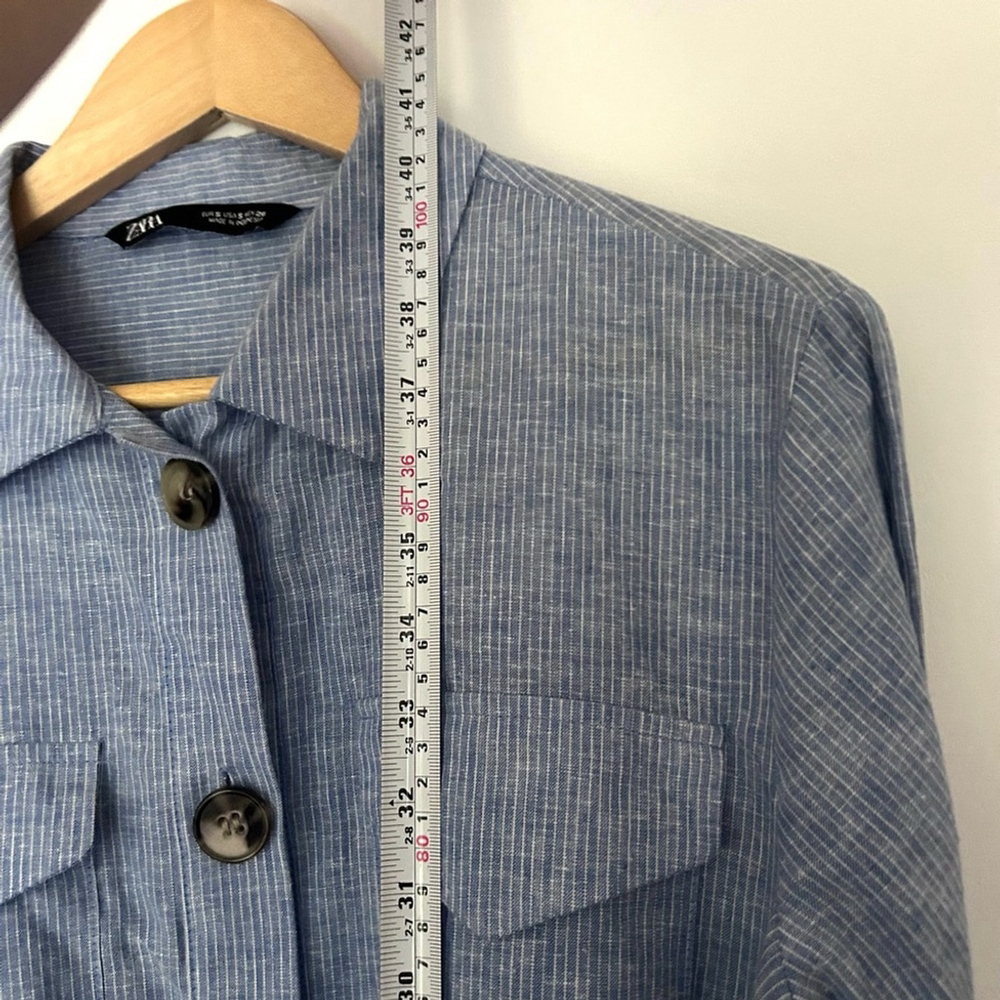 Zara linen cotton blend Shirt Dress Blue Button-Up belter striped small - Picture 2 of 9